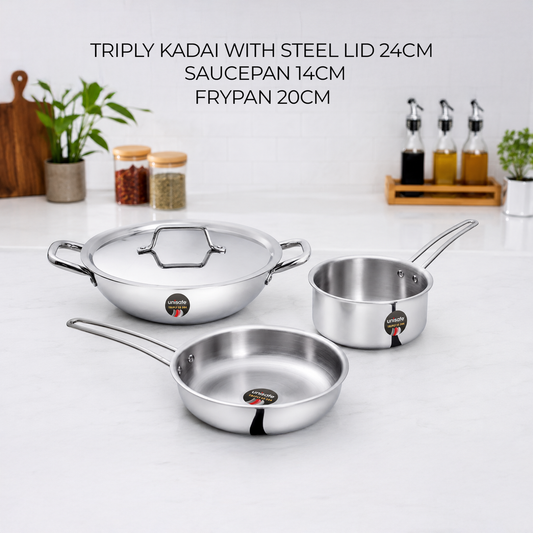 UNISAFE Tri-Ply Cookware Set | 24cm Kadai with SS Lid, 20cm Frypan & 14cm Saucepan