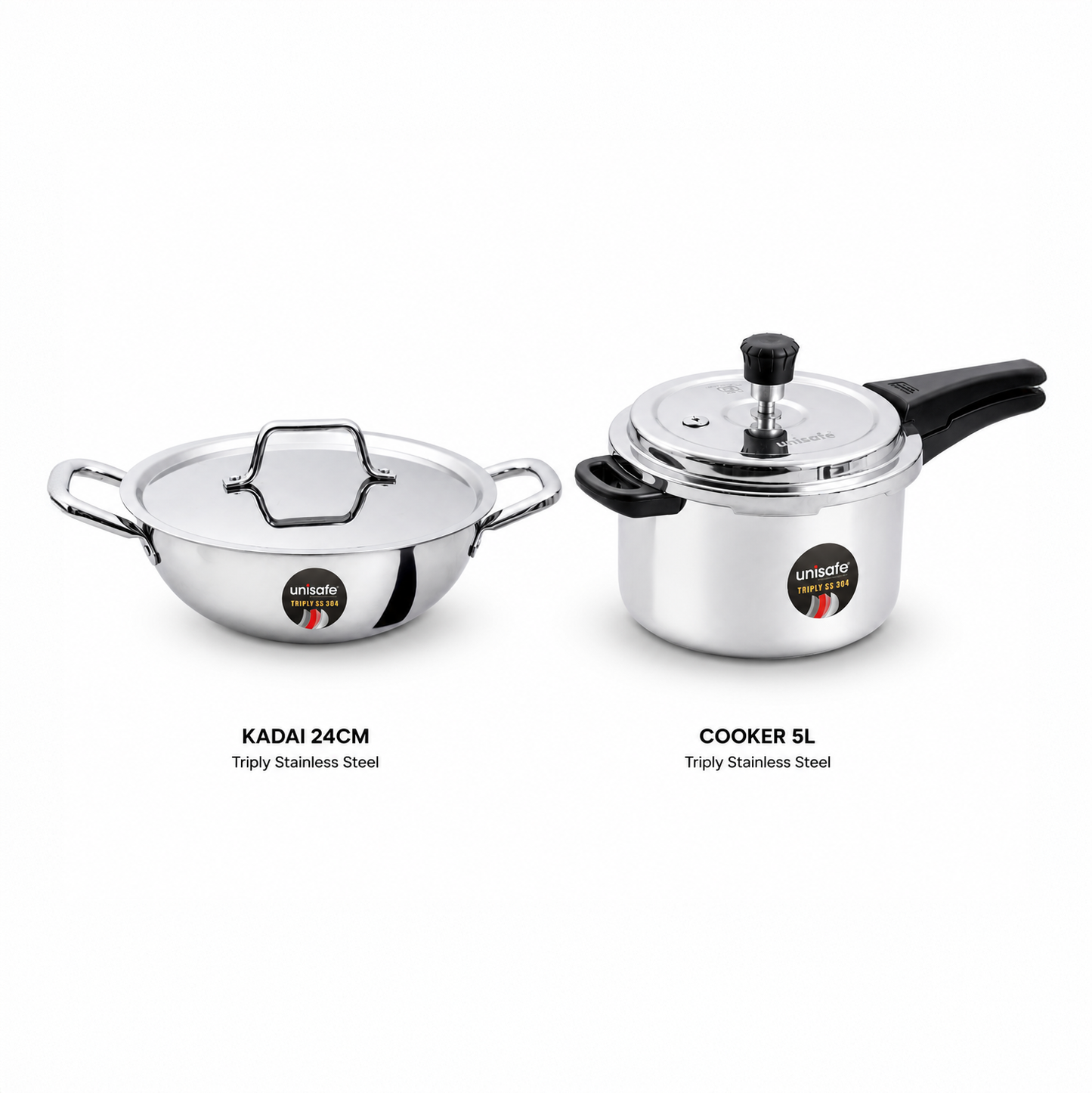 UNISAFE Triply Combo | 5L Outerlid Pressure Cooker + 24cm| 2.5L Kadai with SS Lid