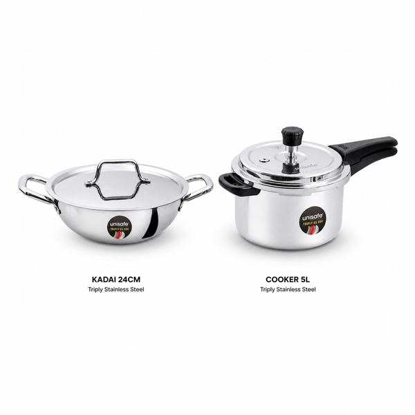 UNISAFE Triply Combo | 5L Outerlid Pressure Cooker + 24cm| 2.5L Kadai with SS Lid