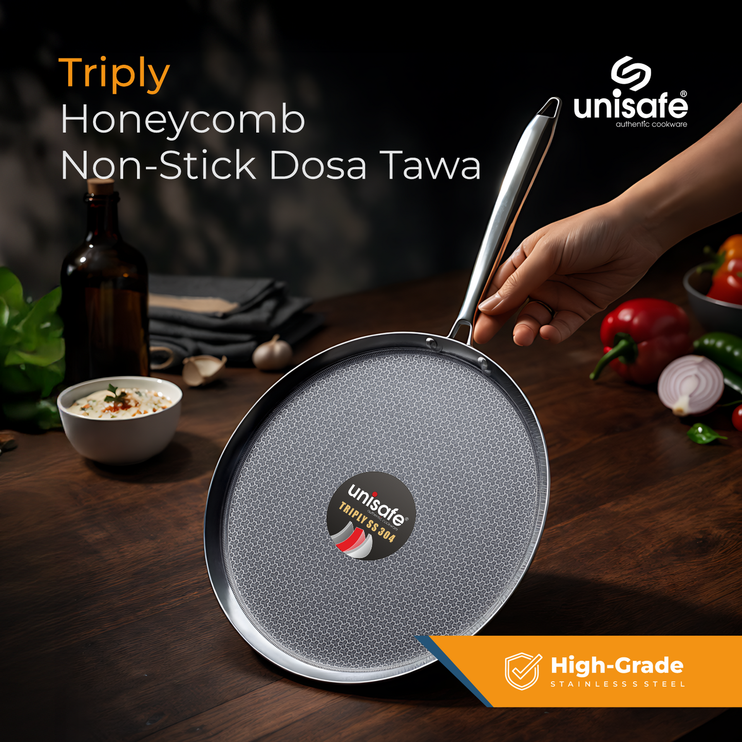 UNISAFE Triply Honeycomb 30cm Non-Stick Dosa Tawa