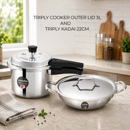 UNISAFE Triply Combo | 3L Outerlid Pressure Cooker + 22cm| 2L Kadai with SS Lid