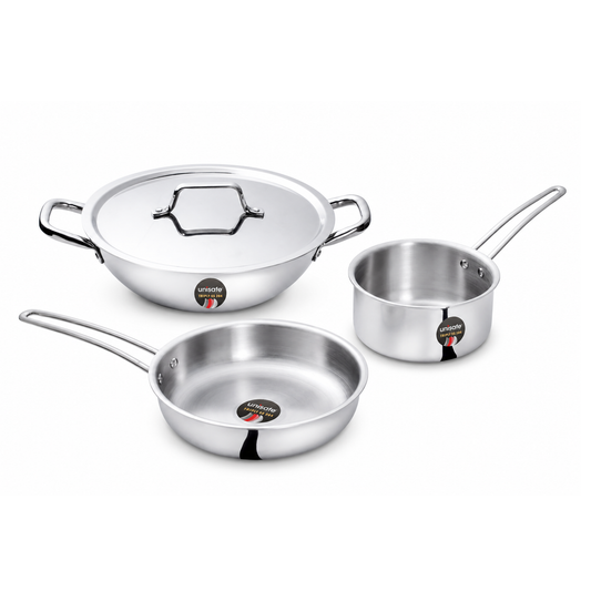 UNISAFE Tri-Ply Cookware Set | 24cm Kadai with SS Lid, 20cm Frypan & 14cm Saucepan