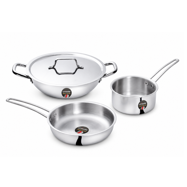 UNISAFE Tri-Ply Cookware Set | 24cm Kadai with SS Lid, 20cm Frypan & 14cm Saucepan