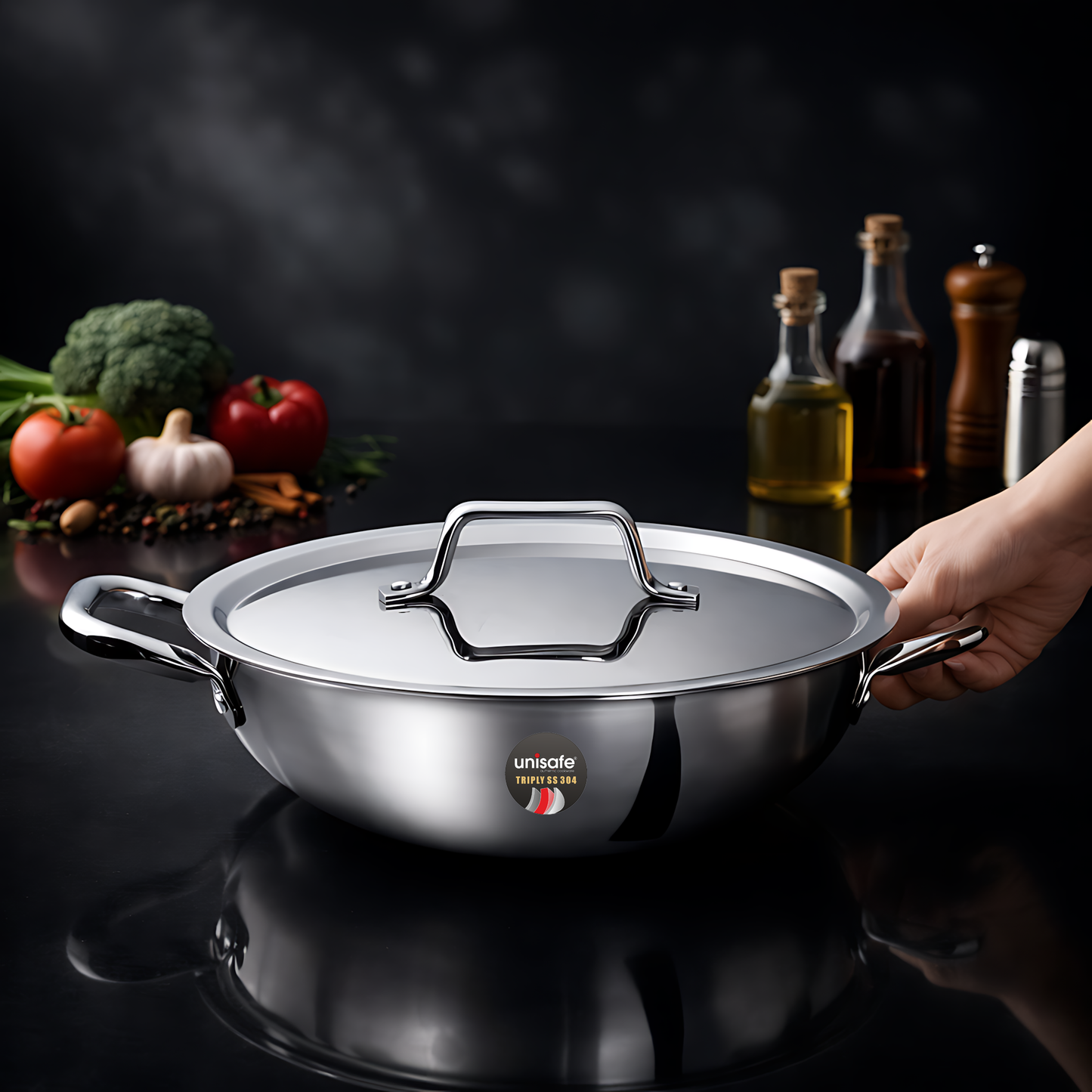 UNISAFE 22cm Tri-Ply Kadai With Stainless Lid