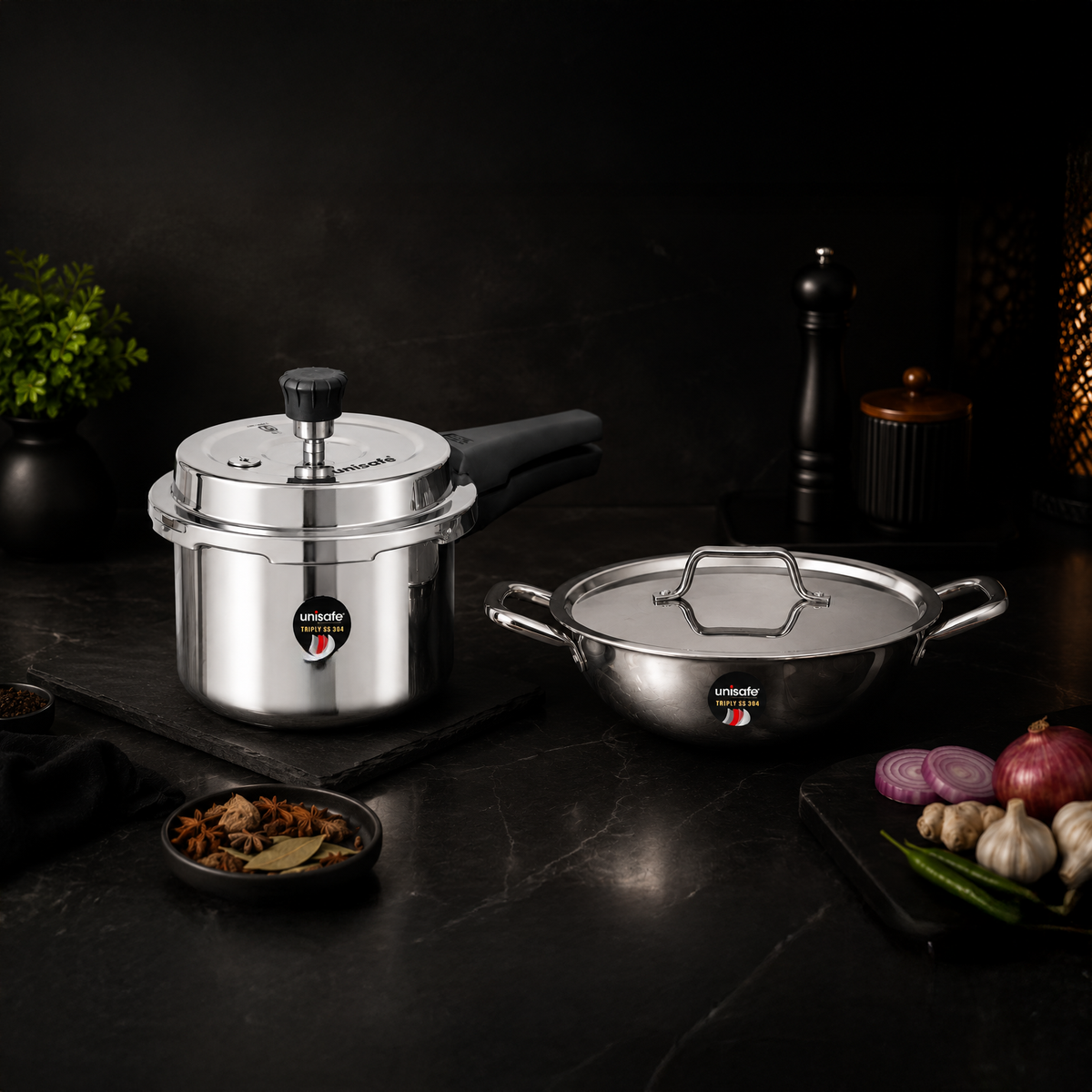 UNISAFE Triply Combo | 3L Outerlid Pressure Cooker + 22cm| 2L Kadai with SS Lid