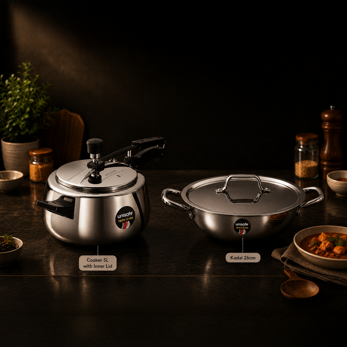 UNISAFE Triply Combo | 5L Innerlid Pressure Cooker + 26cm|3.5L Kadai with SS Lid