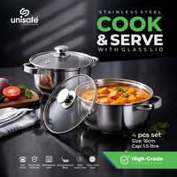 UNISAFE Stainless Steel Cook & Serve 4 Pcs set with Glass Lid