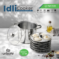 Stainless steel Idli cooker with glass lid on a white surface, featuring Unisafe branding.