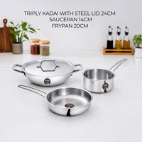 UNISAFE Tri-Ply Cookware Set | 24cm Kadai with SS Lid, 20cm Frypan & 14cm Saucepan