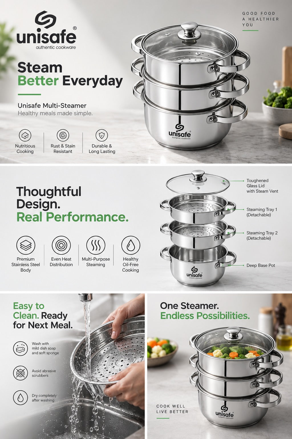 UNISAFE Stainless Steel 3-Tier 20cm Multi Steam Cooker custom image