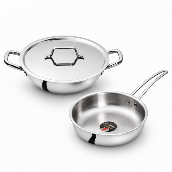 UNISAFE Tri-Ply Cookware Set | 26cm Kadai with SS Lid, 24cm Frypan
