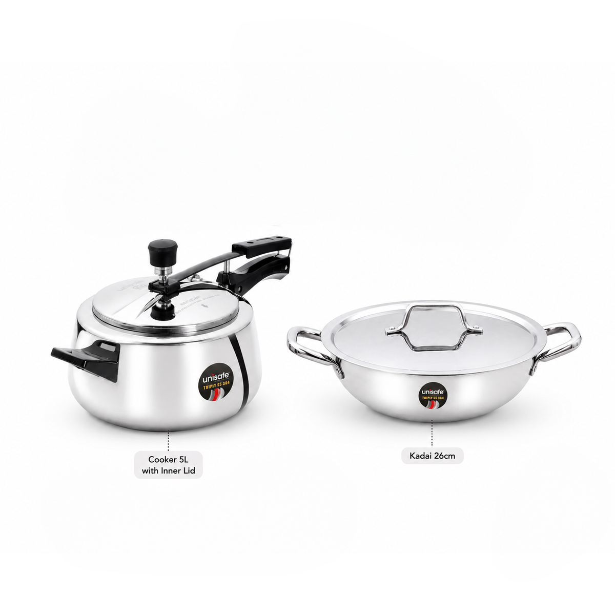 UNISAFE Triply Combo | 5L Innerlid Pressure Cooker + 26cm|3.5L Kadai with SS Lid
