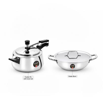 UNISAFE Triply Combo | 5L Innerlid Pressure Cooker + 26cm|3.5L Kadai with SS Lid