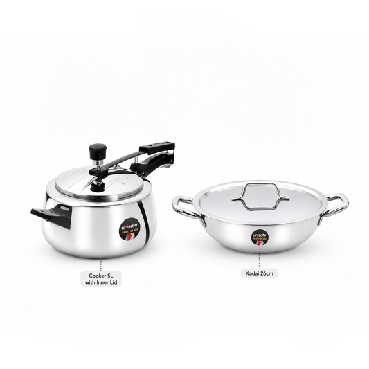 UNISAFE Triply Combo | 5L Innerlid Pressure Cooker + 26cm|3.5L Kadai with SS Lid