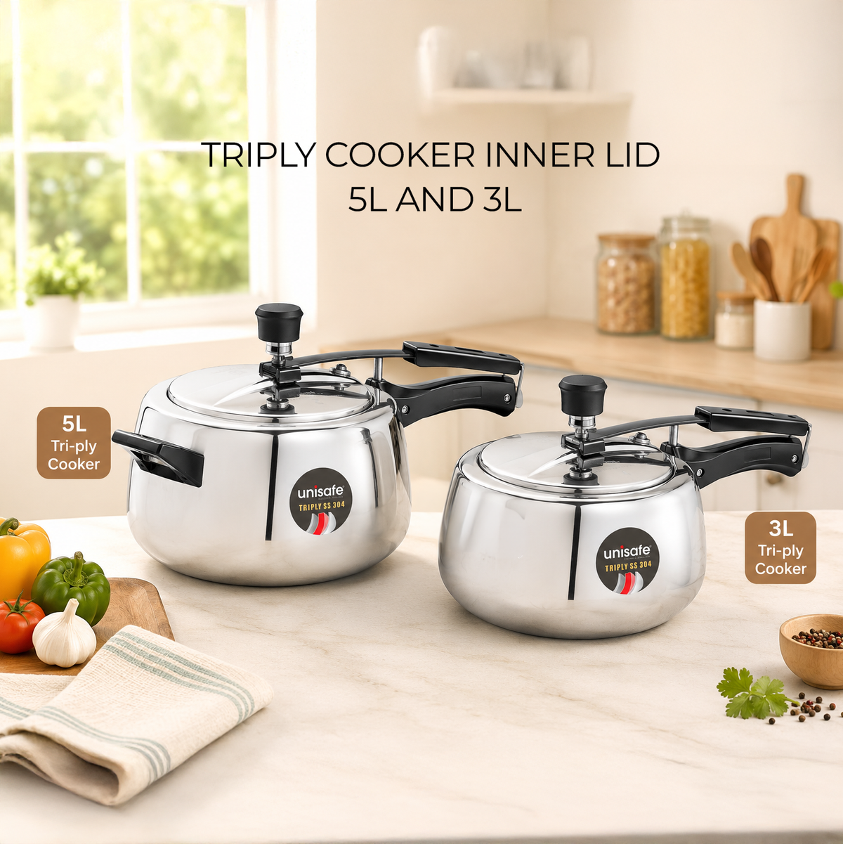 UNISAFE 3l & 5l Triply Platinum Tri-Pro Combo Inner Lid Pressure Cooker