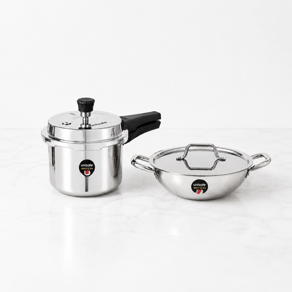 UNISAFE Triply Combo | 3L Outerlid Pressure Cooker + 22cm| 2L Kadai with SS Lid