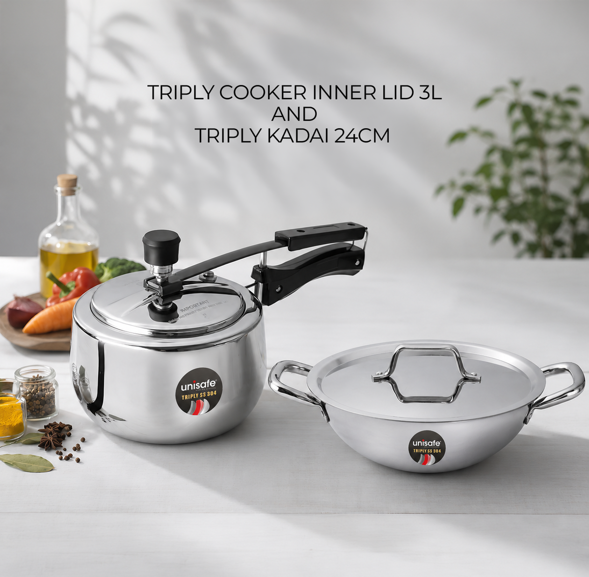 UNISAFE Triply Combo | 3L Innerlid Pressure Cooker + 24cm| 2.5L Kadai with SS Lid