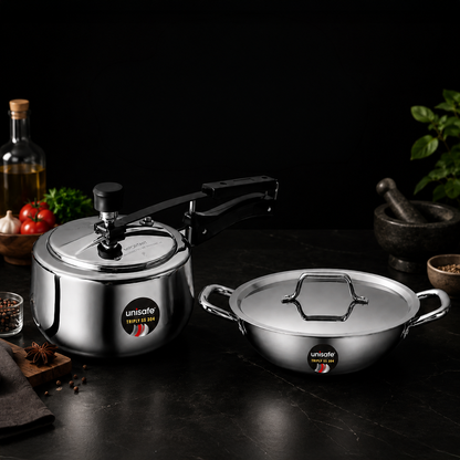 UNISAFE Triply Combo | 3L Innerlid Pressure Cooker + 24cm| 2.5L Kadai with SS Lid