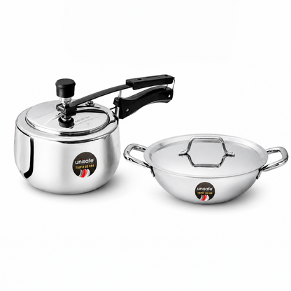 UNISAFE Triply Combo | 3L Innerlid Pressure Cooker + 24cm| 2.5L Kadai with SS Lid