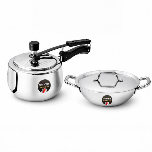UNISAFE Triply Combo | 3L Innerlid Pressure Cooker + 24cm| 2.5L Kadai with SS Lid