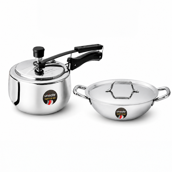 UNISAFE Triply Combo | 3L Innerlid Pressure Cooker + 24cm| 2.5L Kadai with SS Lid