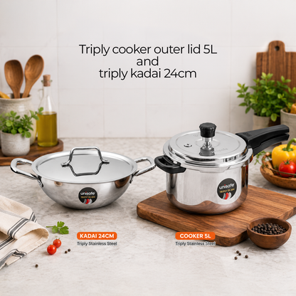 UNISAFE Triply Combo | 5L Outerlid Pressure Cooker + 24cm| 2.5L Kadai with SS Lid
